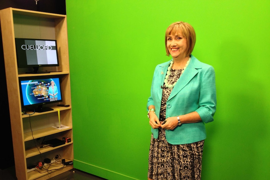 Jenny Woodward in front of the green screen