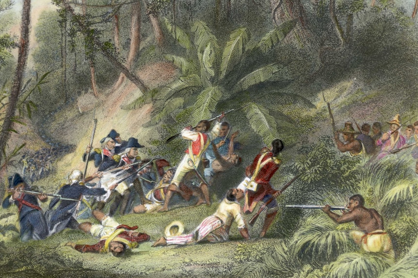 Illustration depicting Francois Dominique Toussaint L'Ouverture participating in the revolt against the French in St Dominique.