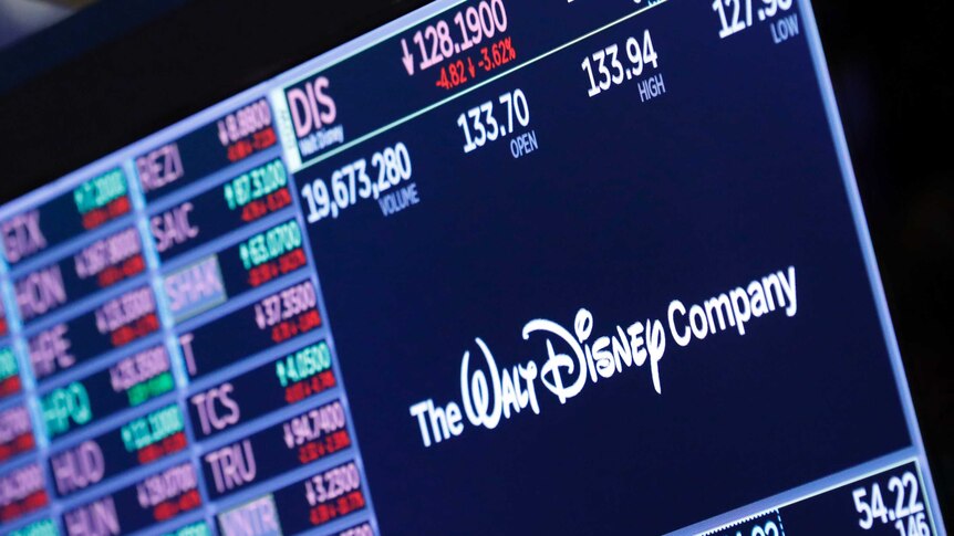 A colourful screen of words and numbers, including the Walt Disney company logo.