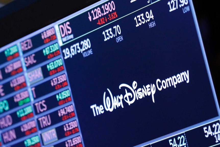 A colourful screen of words and numbers, including the Walt Disney company logo.