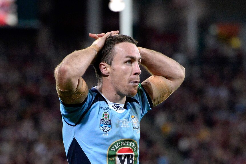 James Maloney of the Blues is dejected after the Maroons score in Origin II