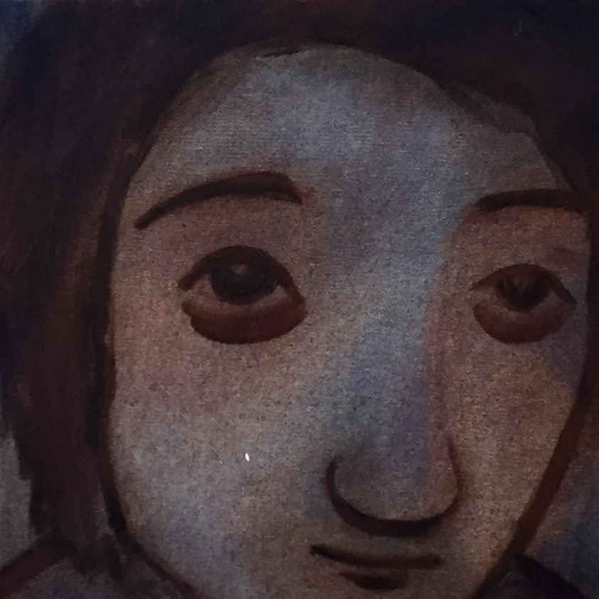 A painting of a cartoon-like face.