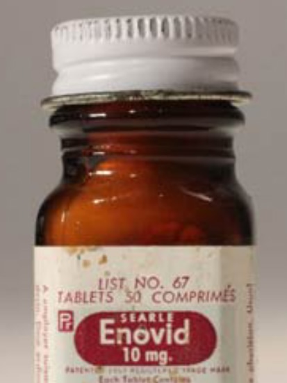 A bottle of Enovid, an early contraceptive pill.