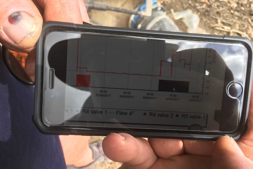 A phone showing the irrigation sets on Denis Pozzebon's cane farm