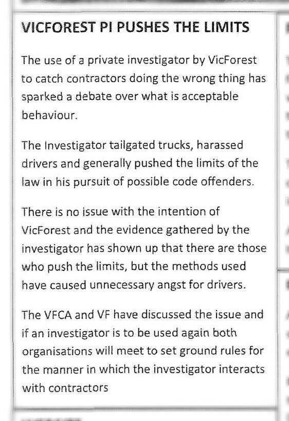 A short news clipping describes how private investigators actions, including tailgating trucks, has sparked a debate.