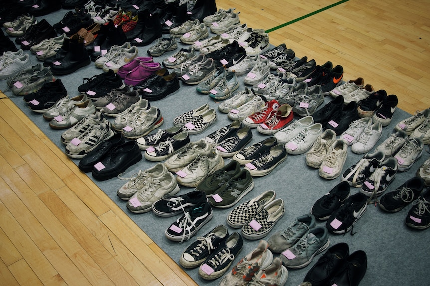 Shoes at a lost-and-found centre where the belongings left during Seoul's Halloween crush are displayed. 