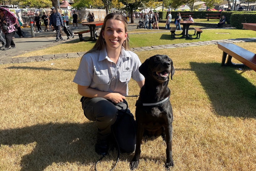 Black dog with female owner on grass