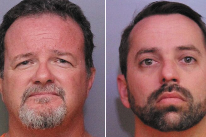 Composite mug shots of Donald Durr Jr (left) and Brett Kinney (right) both have been hit with child porn charges.