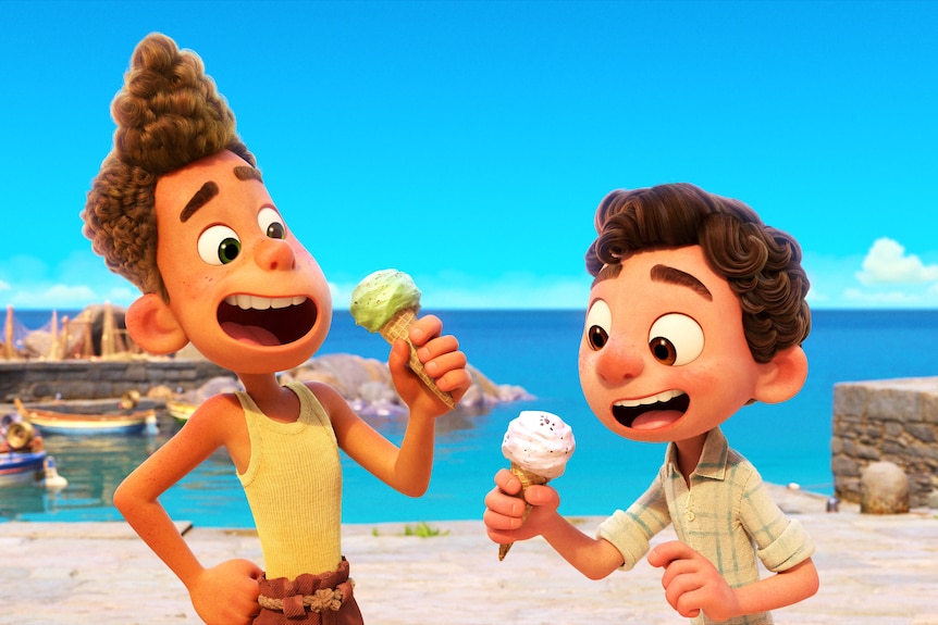 Two young animated boys eating gelato.
