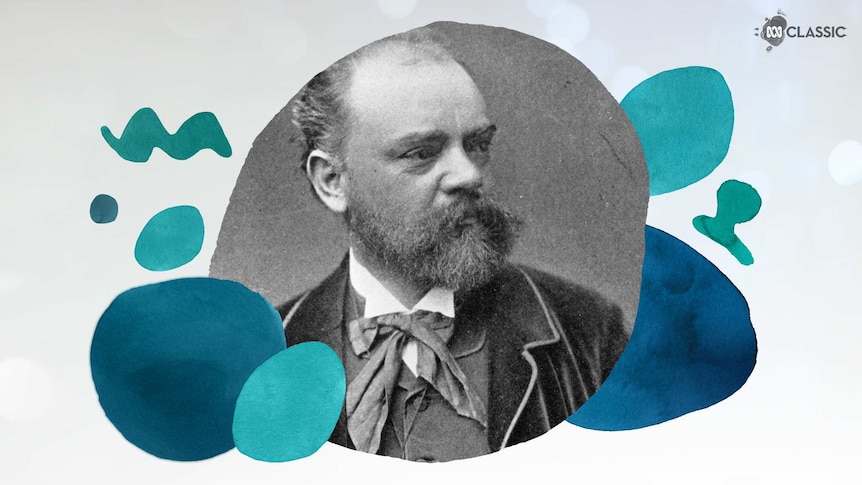 An image of composer Antonín Dvořák with stylised musical notation overlayed in tones of teal.