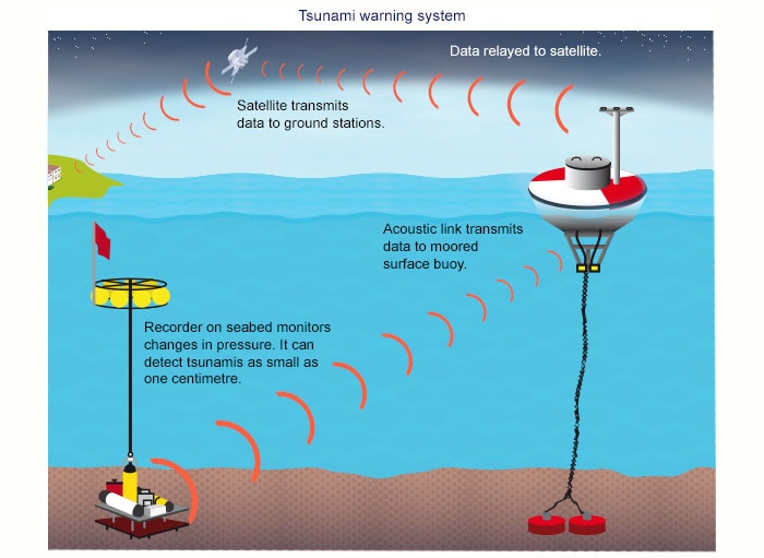 Diagram of how the tsunami warning system works