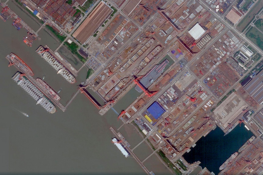 A satellite image of the Fujian warship docked in Shanghai