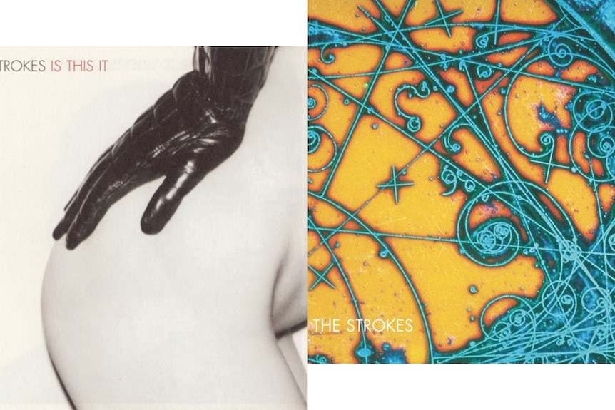 Both versions of The Strokes album cover: a black and white photo of a hand on buttocks, and a colourful photo of particles