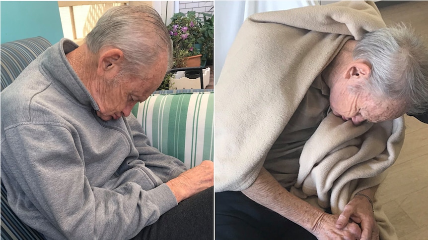 Two photos side by side show an old man slumped over on a couch and chair, eyes closed.