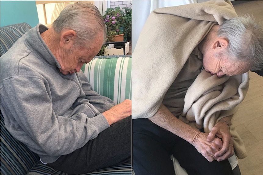 Two photos side by side show an old man slumped over on a couch and chair, eyes closed.