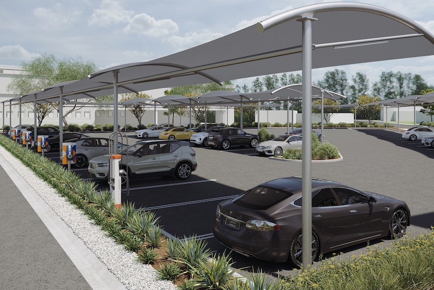 A render of a carpark with cars and electric vehicle charging stations