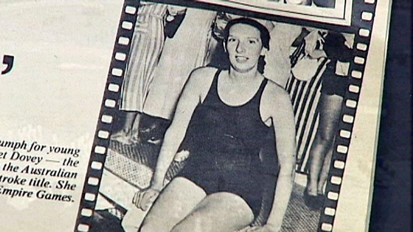 Magazine cutting of a young Margaret Whitlam after a swimming race.