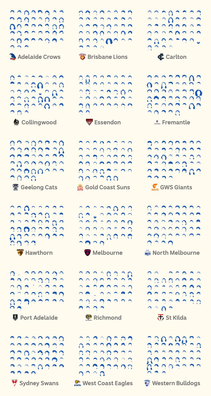 Silhouettes of each player's hair grouped by team