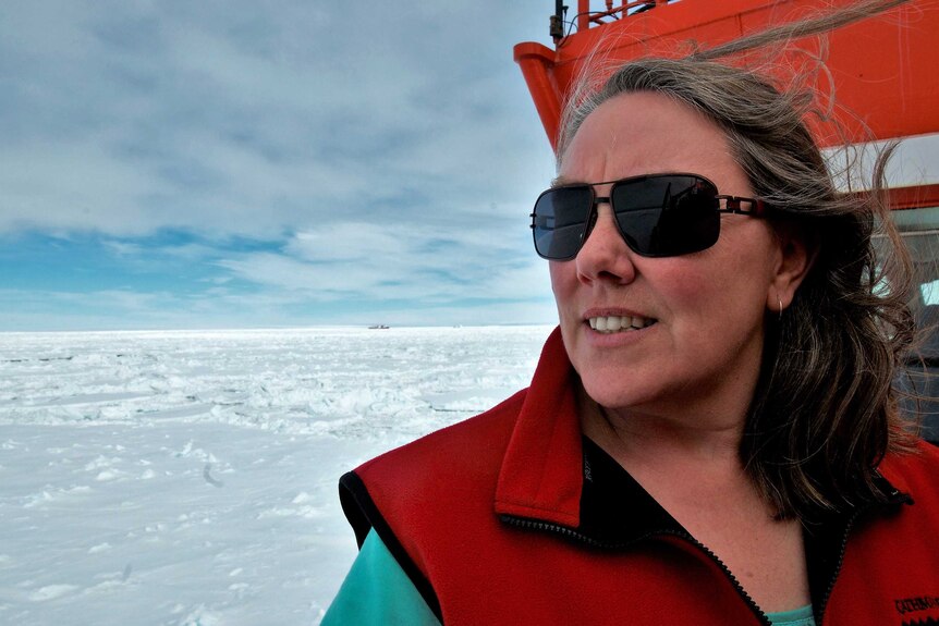 Woman with sunglasses looks out over ice sheets