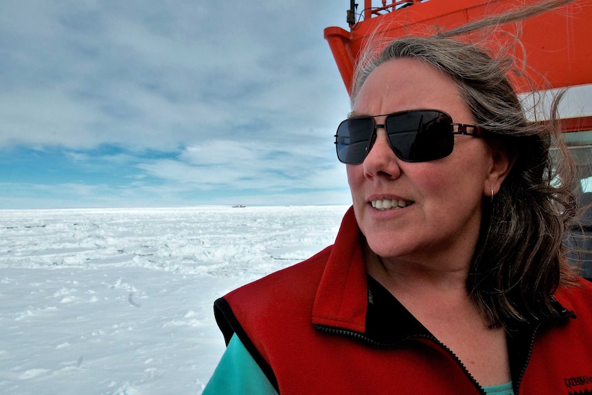 Woman with sunglasses looks out over ice sheets