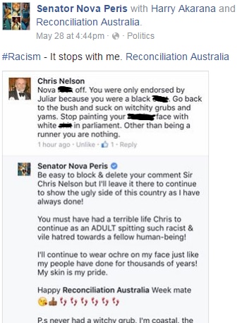 A screenshot of a Facebook post on Senator Nova Peris's page.