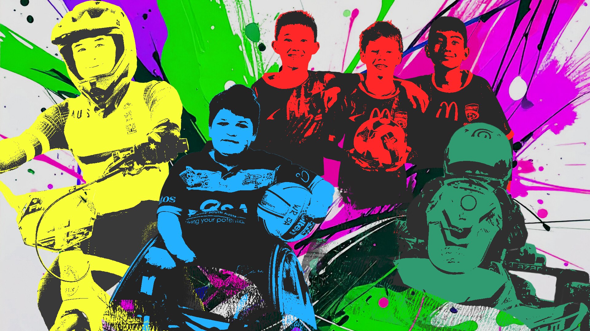 An energetic collage of the BMX rider, Rugby Wheelchair player, Go Kart Rider and soccer players featured in the special.