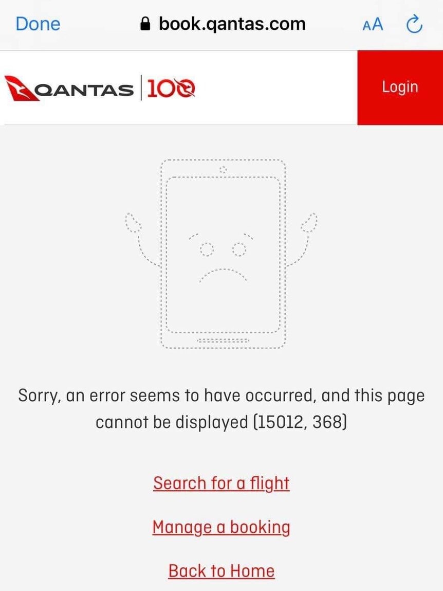 A screenshot of the Qantas website showing an error message that says the page cannot be displayed.