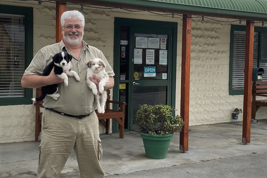 A man with white hair and beard and glasses smiling to camera as he holds two small dogs, in front of a building.