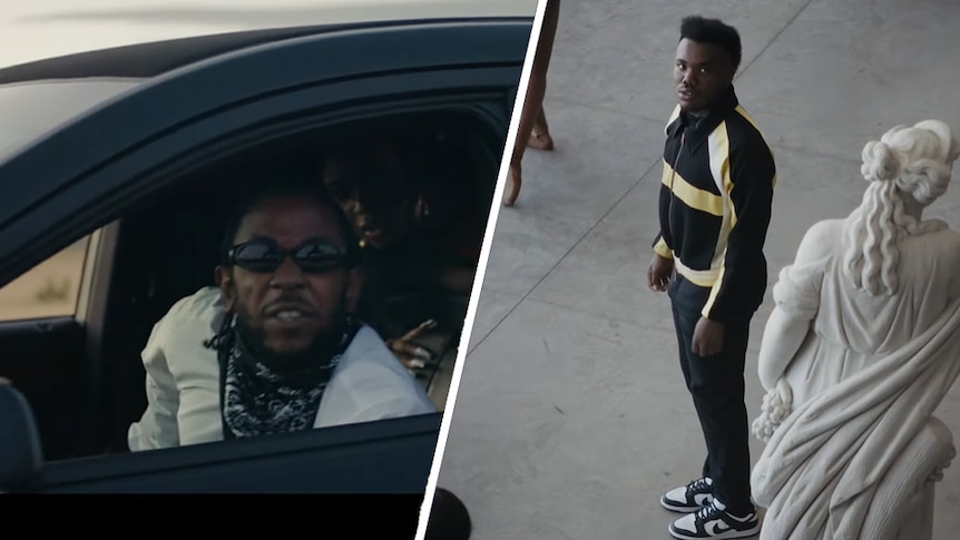 A collage of Kendrick Lamar and Baby Keem in the 2021 music video for 'Family Ties'