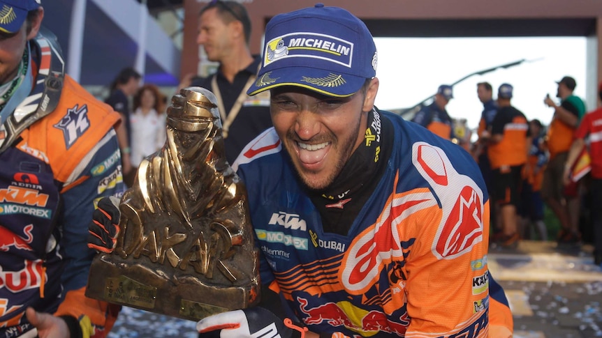 Sam Sunderland celebrates Dakar Rally win