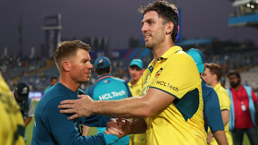 David Warner shakes hands with Mitchell Marsh after the latter scored an unbeaten century for Australia.