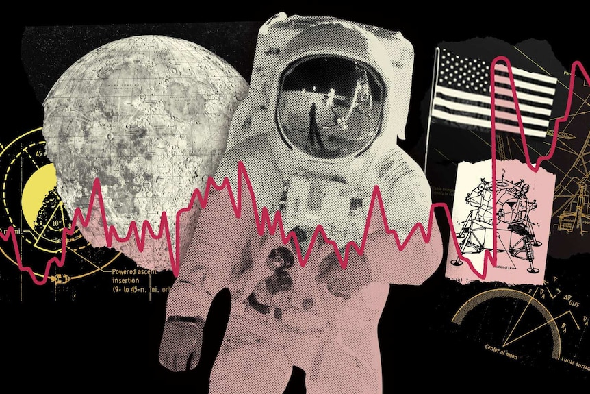 A collage of images taken from the moon and graphics from the Apollo 11 Moon mission.