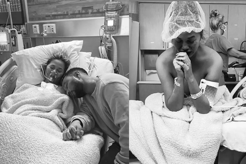 Two black and white photos of Chrissy Teigen in a hospital bed holding a baby, with John Legend