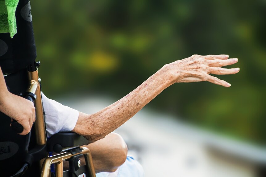 Stock image shows an elderly woman's arm sticking out from a wheelchair being pushed by a carer.