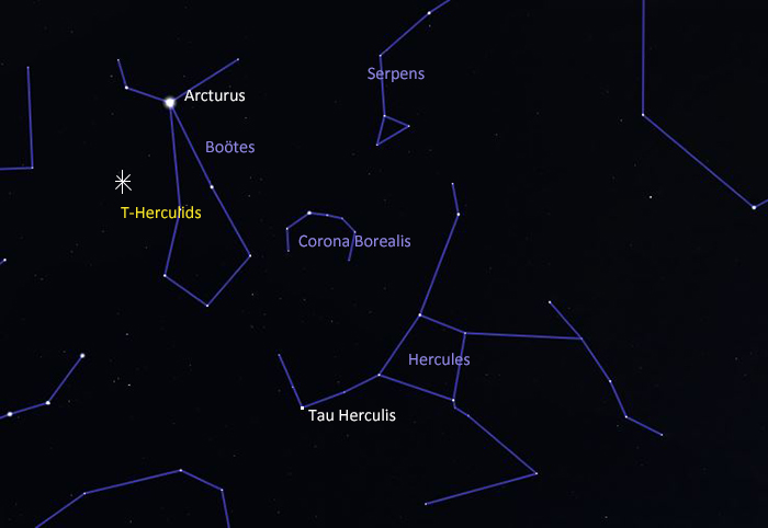 Sky map showing position of Tau Herculids meteor shower