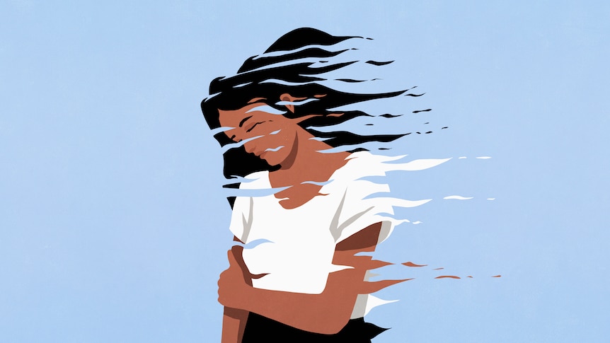 Graphic of sad woman, hair blowing in the wind, holding her arm across her body.