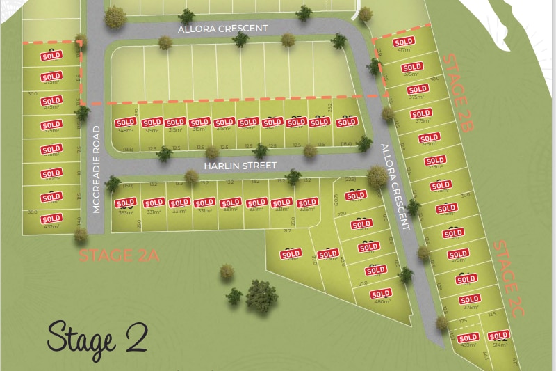 Map of a land development showing blocks of land with a 'sold' signs on them. 