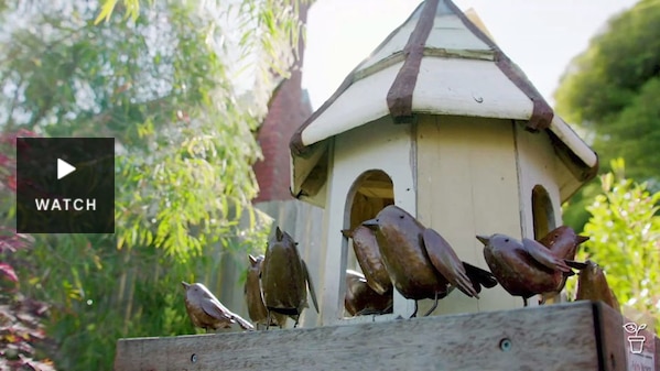 Metal bird sculptures around a birdhouse on a plinth in a garden. Has Video.