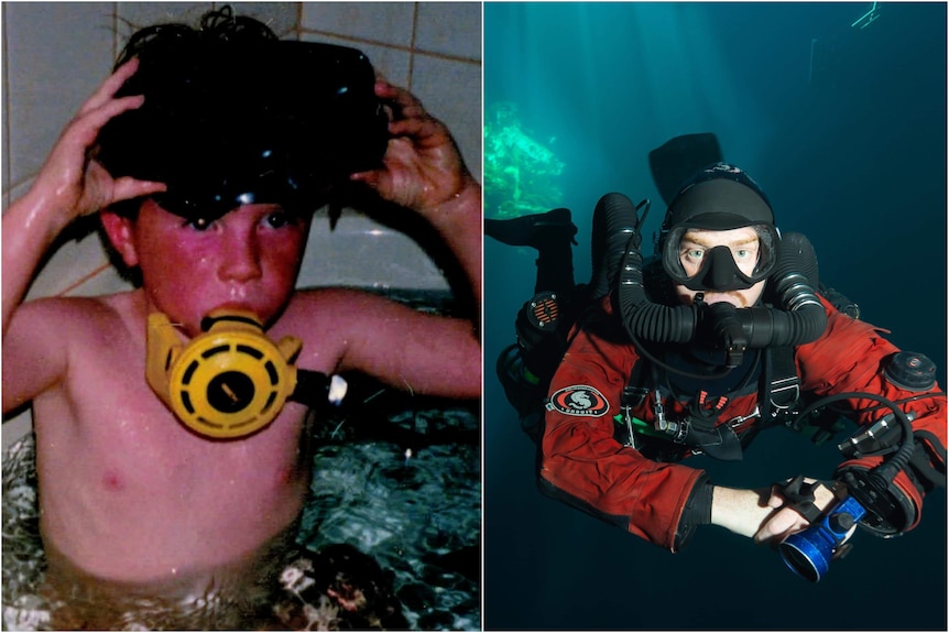 A photo of a young boy diving in the bath, and another photo of him cave diving as a man