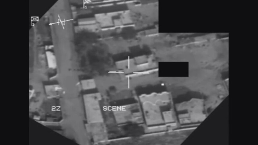 The footage shows precision guided weapons to target properties used by IS.