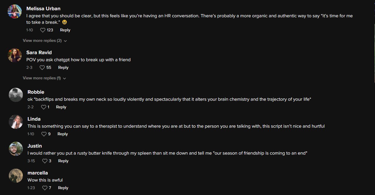 Comments on TikTok video about breaking up with friends