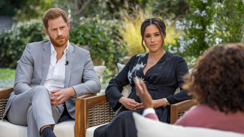 Prince Harry and Meghan Markle sitting down in an Oprah interview in a story about mental health and suicidal thoughts.