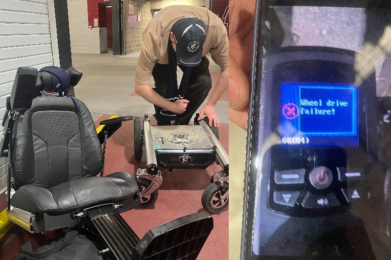 A composite image of a man working on a wheelchair and a fail screen on a digital display