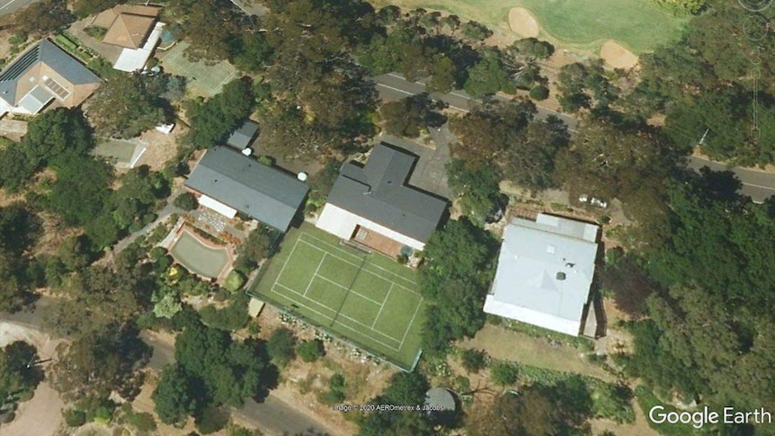 An aerial image of Adrian Pederick's property in the Adelaide Hills, showing an old tennis court in the yard