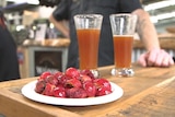 A plate of bright red quandongs and two quandong beers