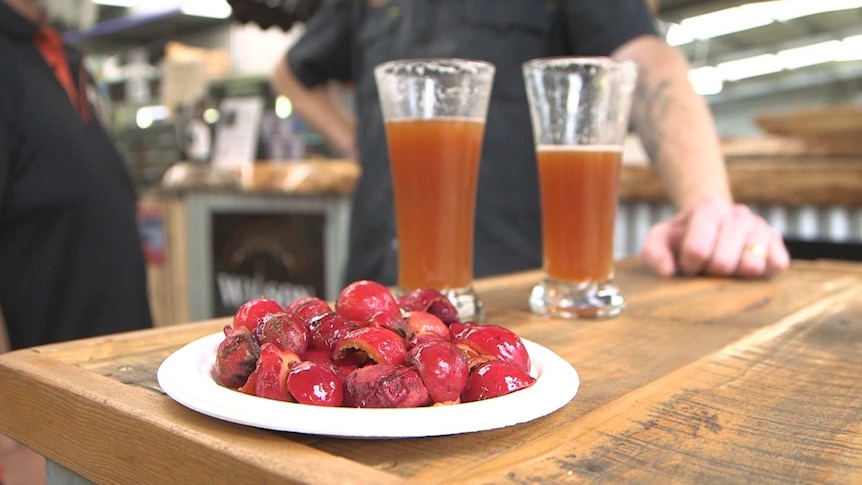 A plate of bright red quandongs and two quandong beers