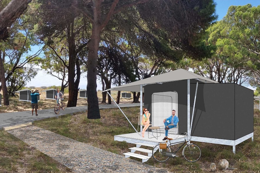 A mocked-up picture showing eco tents and people in amongst trees and sand dunes on Pinky beach on Rottnest Island.