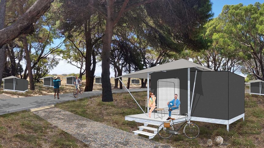 A mocked-up picture showing eco tents and people in amongst trees and sand dunes on Pinky beach on Rottnest Island.