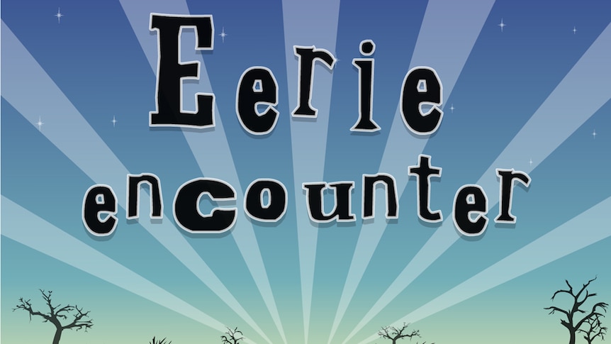 Sky at twilight with stars and rays of light, text reads "Eerie encounter"