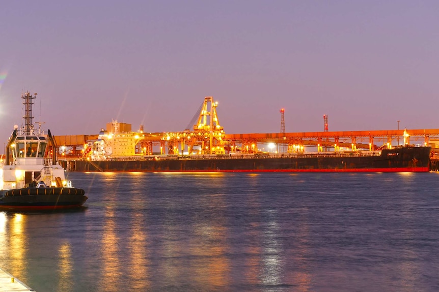 A large cargo ship is loaded at night with a tugboat in the foreground.